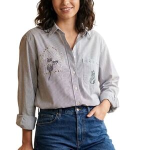 LASOLAS Pinstripe Button Up Shirt Rhinestone Cat Embellished Pockets L